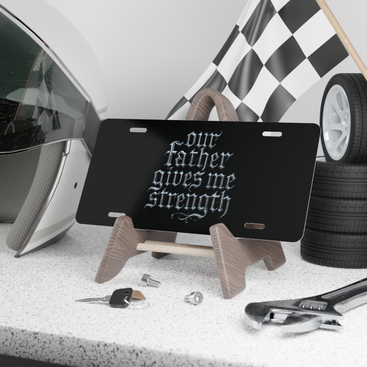 Vanity Plate — “Our Father Gives Me Strength” Gothic License Plate