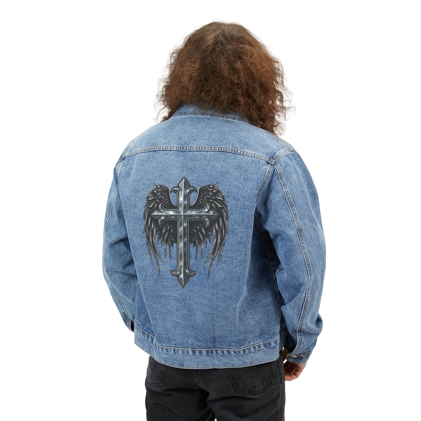 Embroidered Gothic Cross Denim Jacket — Men's Angel Wings Back Patch