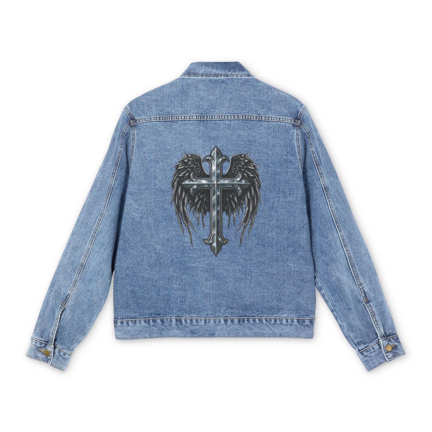 Embroidered Gothic Cross Denim Jacket — Men's Angel Wings Back Patch