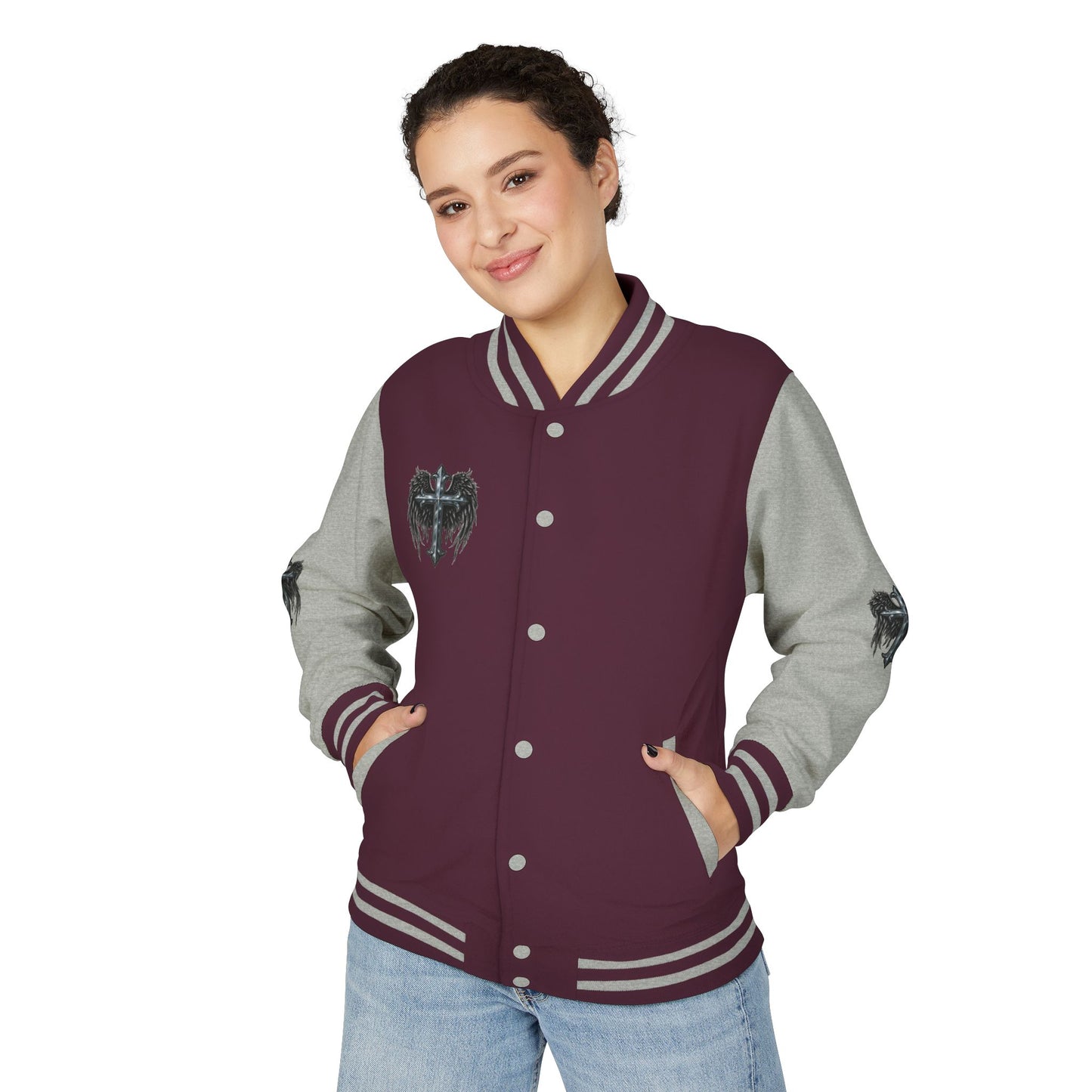 Letterman Jacket – Dark Crest Cross & Heart Varsity Jacket