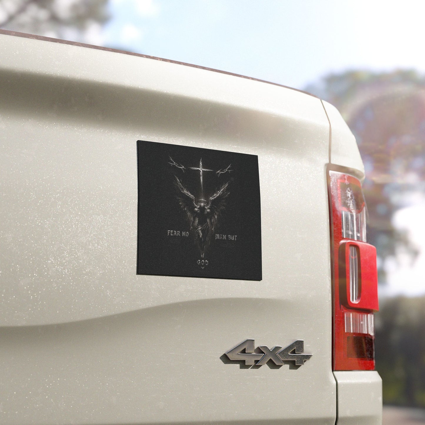 Winged Cross Car Magnet — Gothic Religious Chrome Cross with Angel Wings