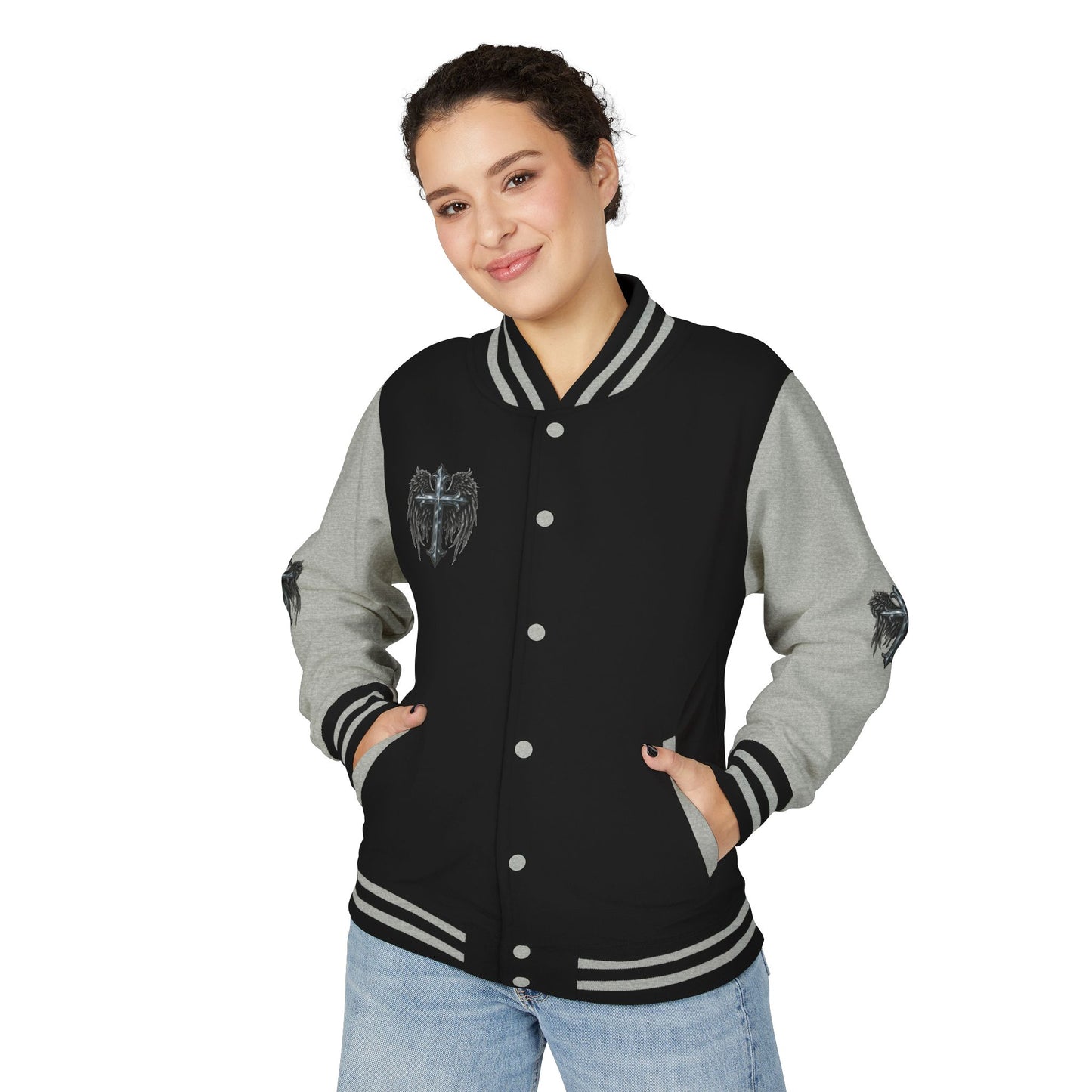 Letterman Jacket – Dark Crest Cross & Heart Varsity Jacket