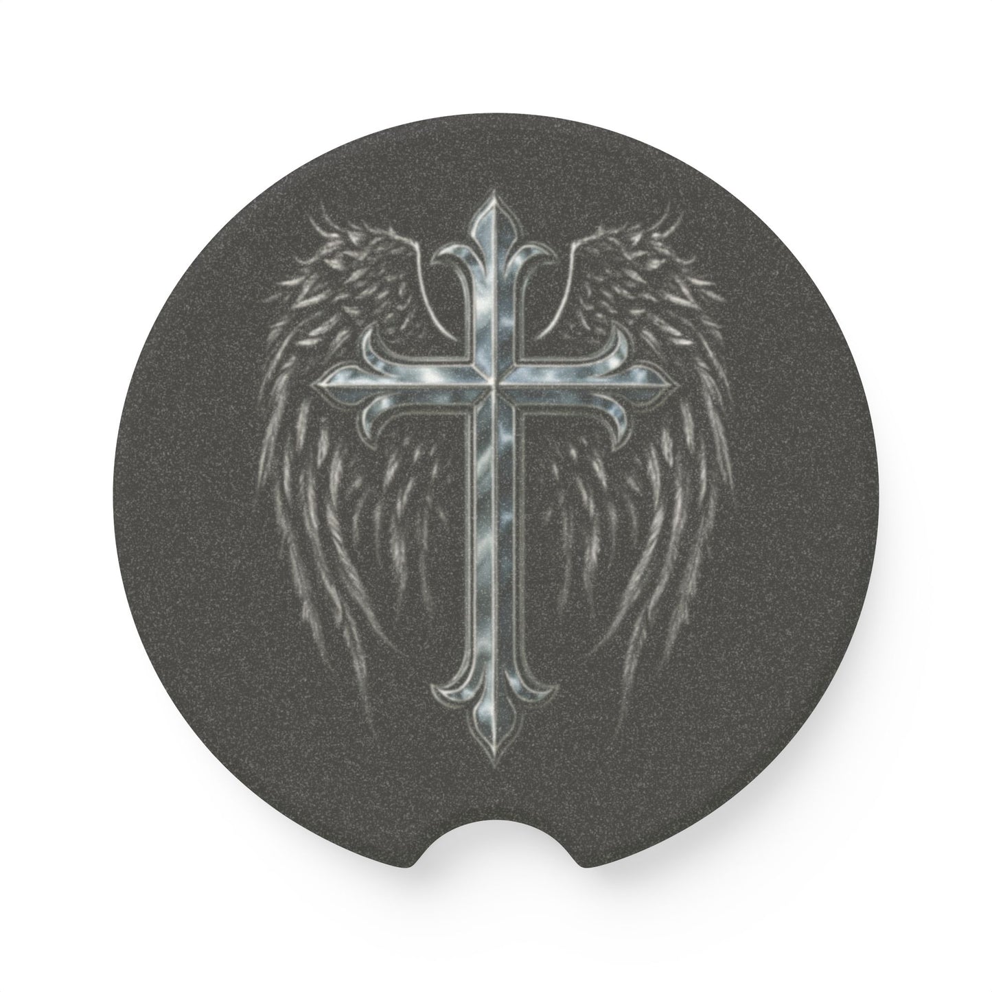 Soapstone Car Coaster — Silver Cross with Angel Wings (Christian Car Accessory)