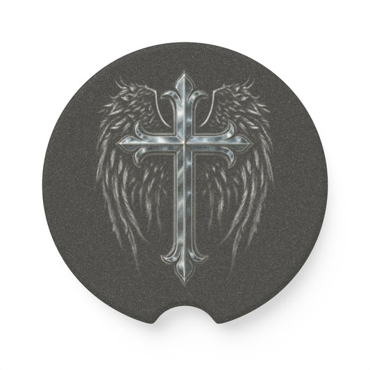 Soapstone Car Coaster — Silver Cross with Angel Wings (Christian Car Accessory)