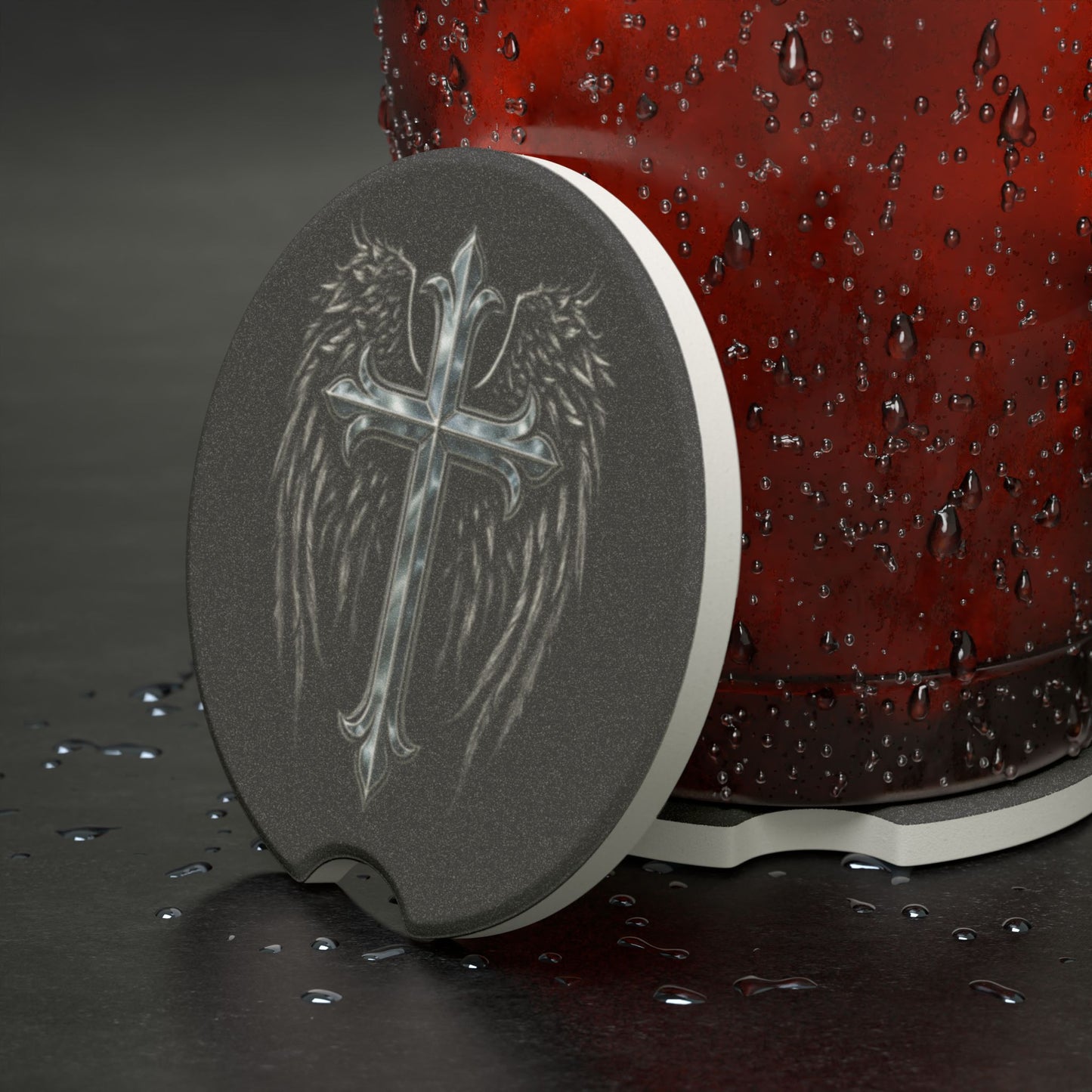 Soapstone Car Coaster — Silver Cross with Angel Wings (Christian Car Accessory)
