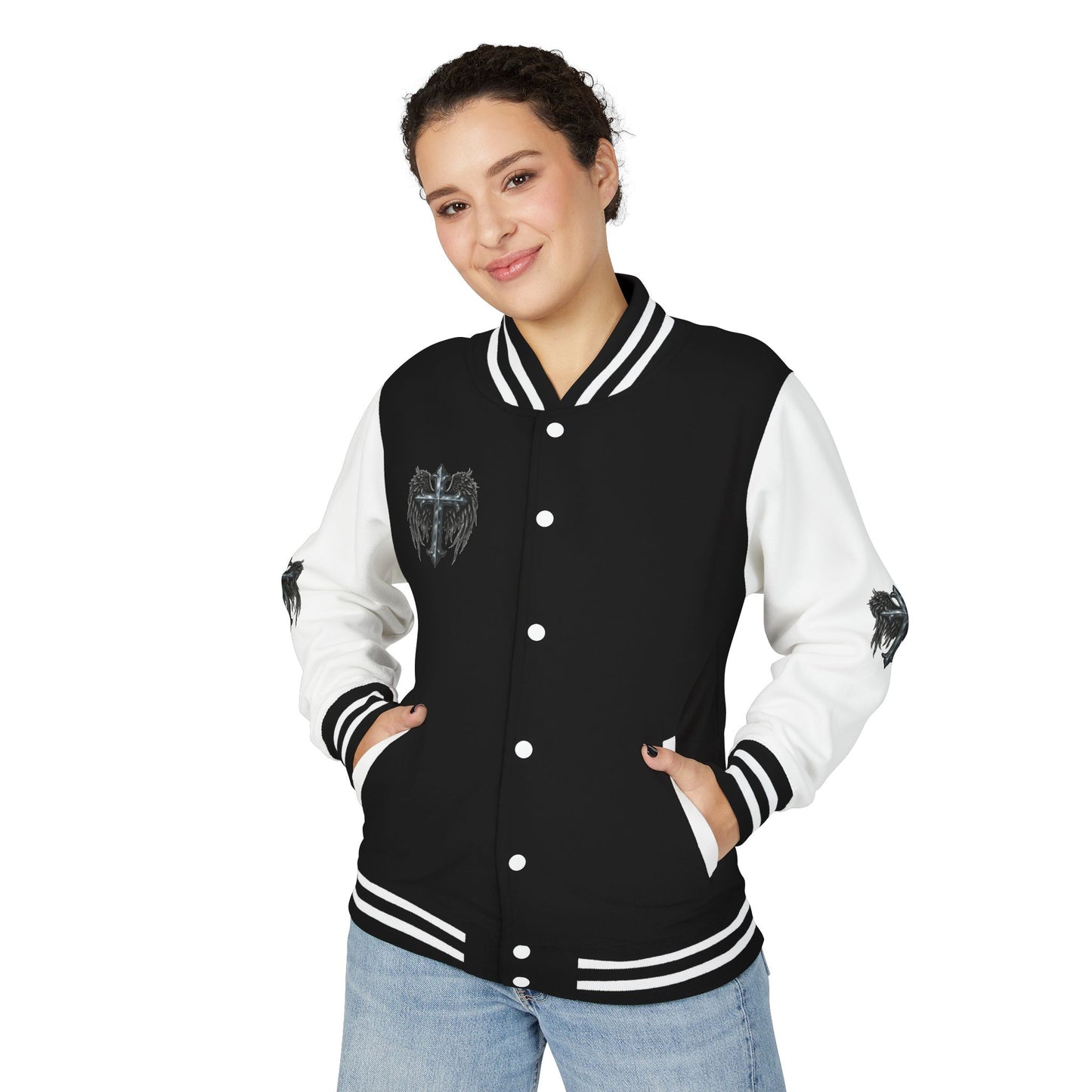 Letterman Jacket – Dark Crest Cross & Heart Varsity Jacket
