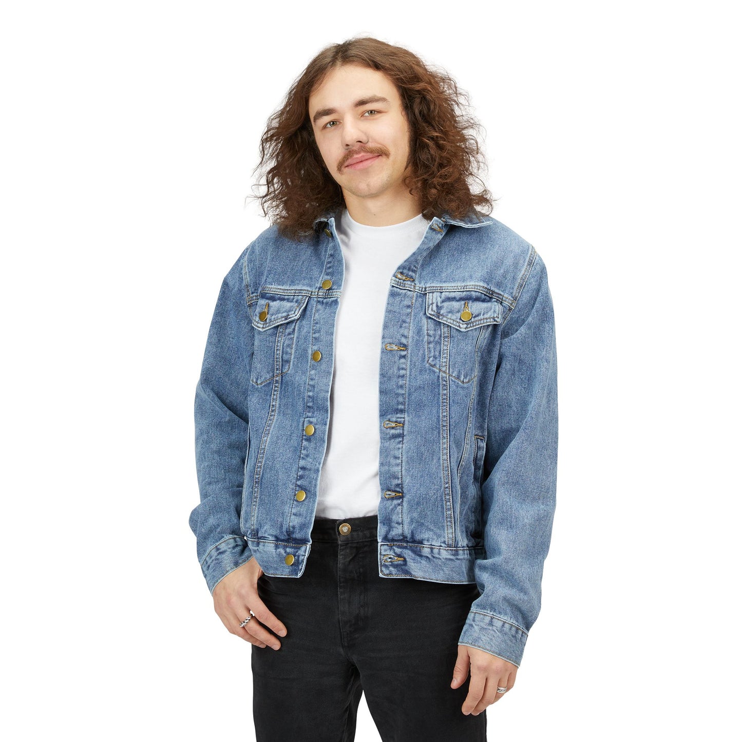 Embroidered Gothic Cross Denim Jacket — Men's Angel Wings Back Patch