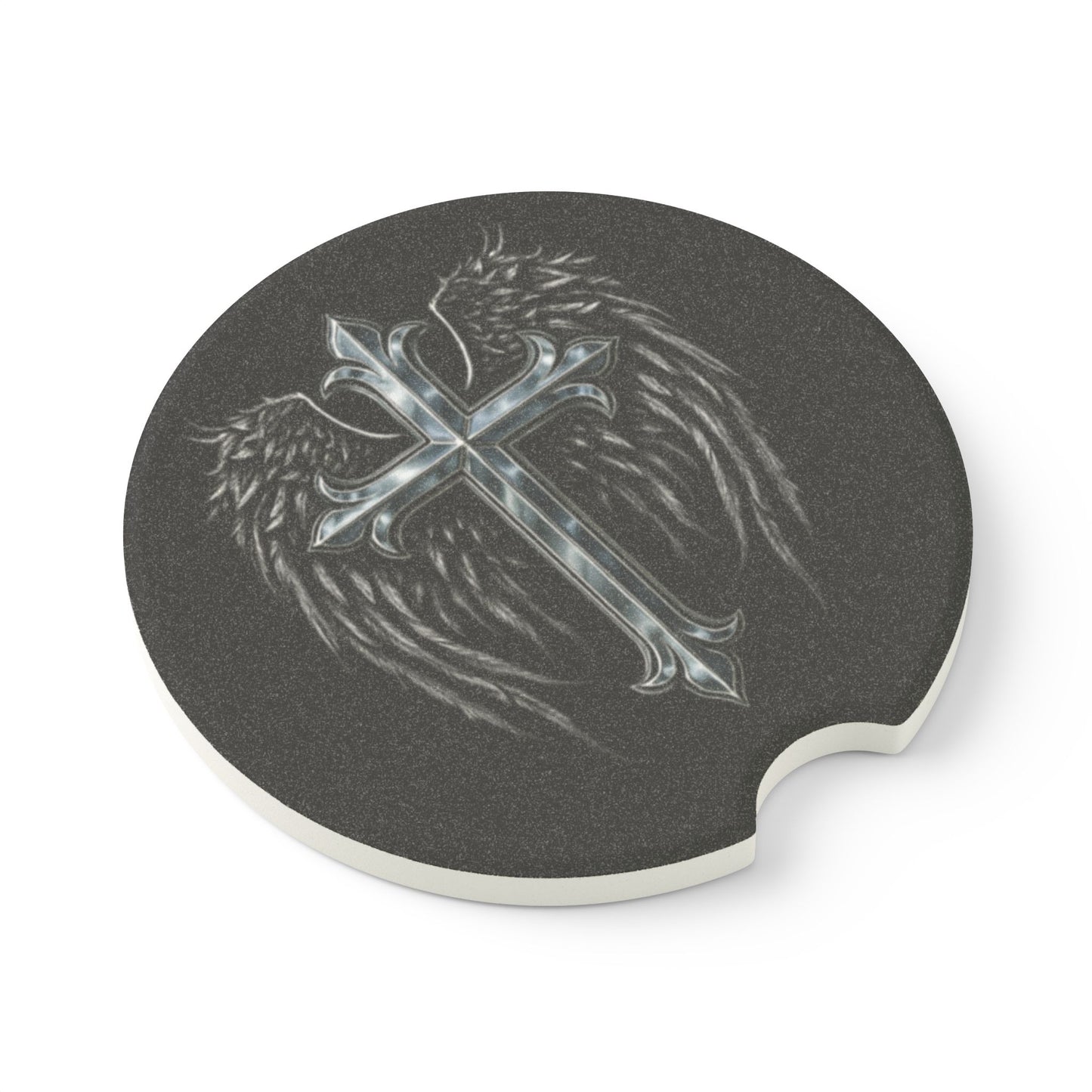 Soapstone Car Coaster — Silver Cross with Angel Wings (Christian Car Accessory)