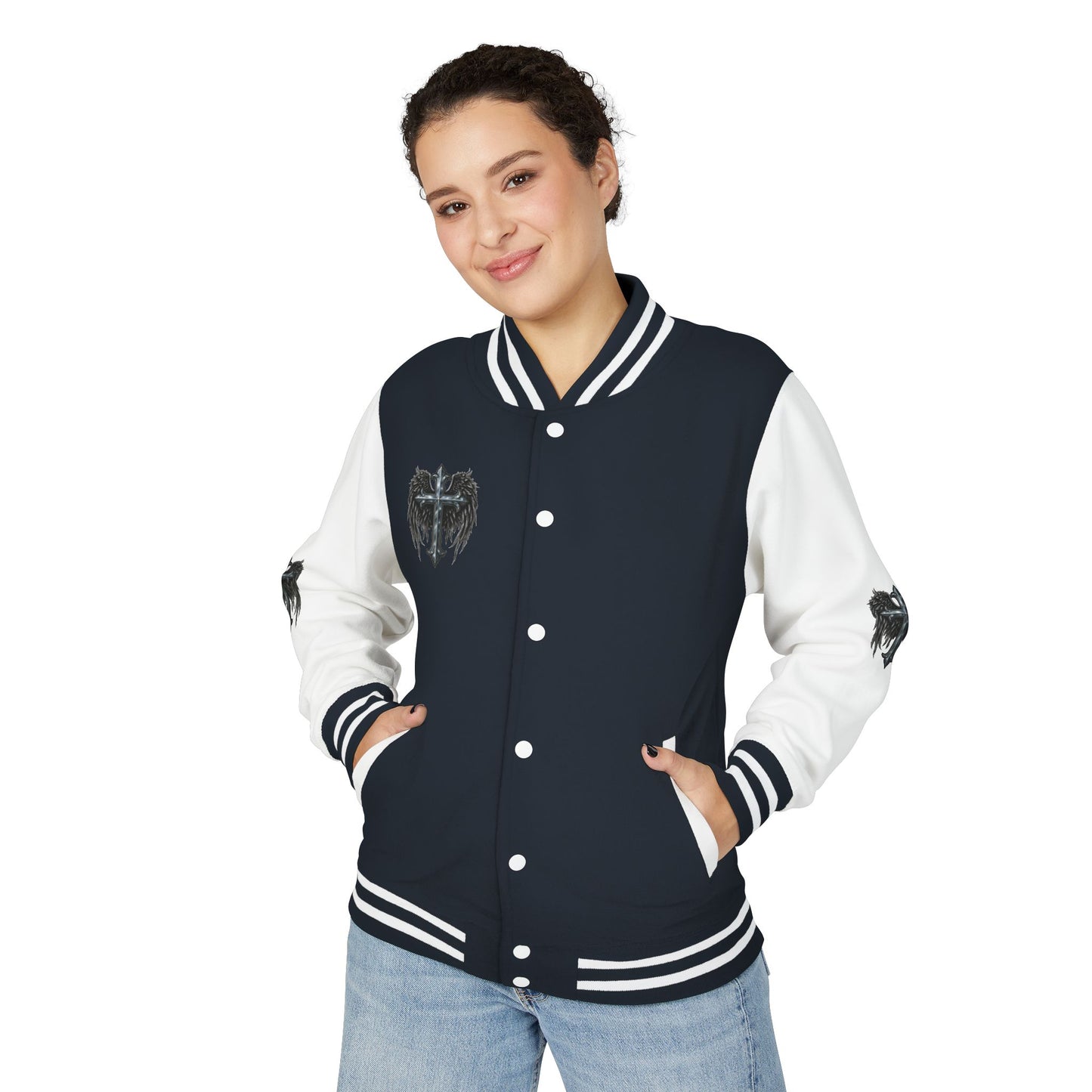 Letterman Jacket – Dark Crest Cross & Heart Varsity Jacket