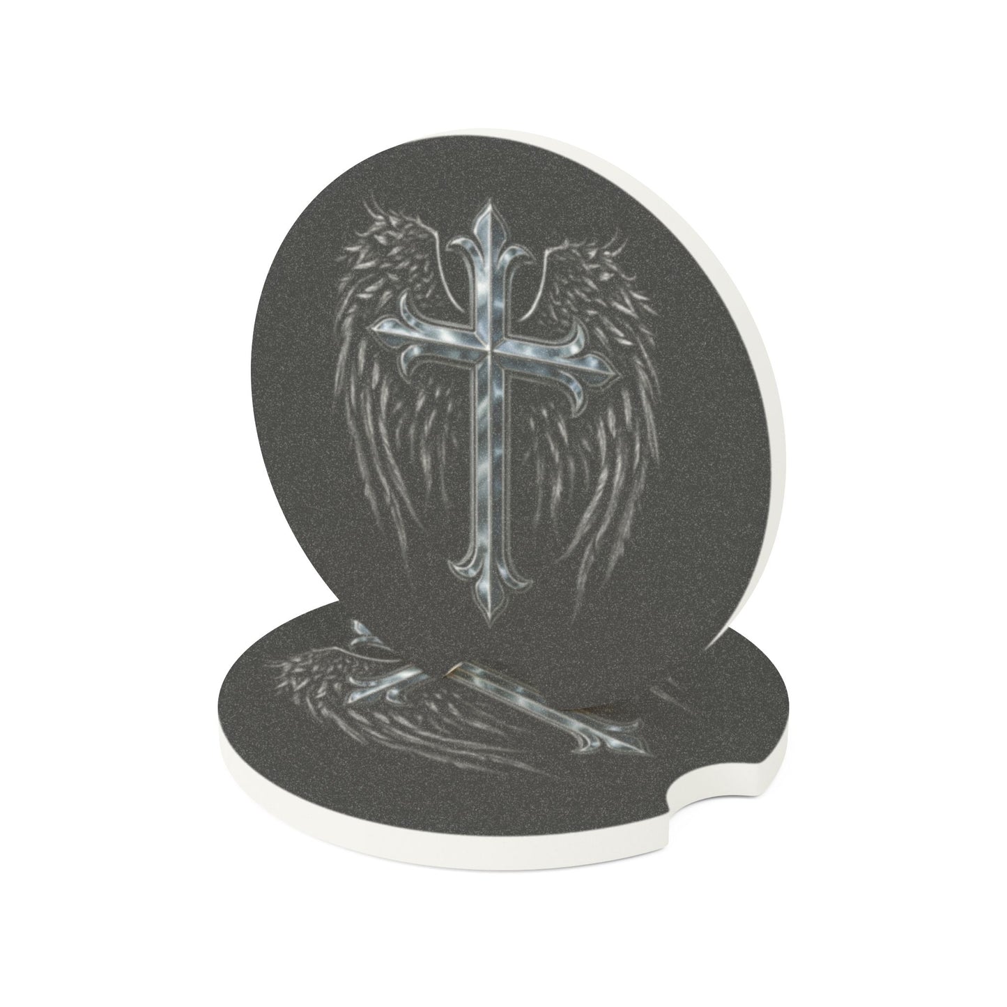 Soapstone Car Coaster — Silver Cross with Angel Wings (Christian Car Accessory)