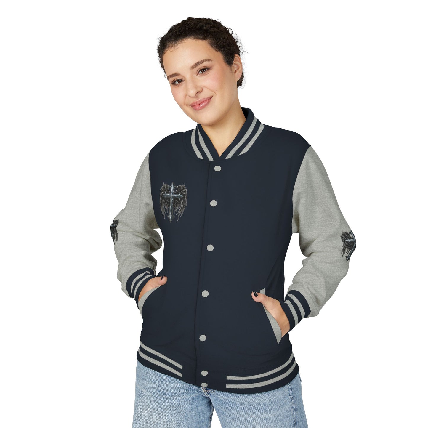 Letterman Jacket – Dark Crest Cross & Heart Varsity Jacket