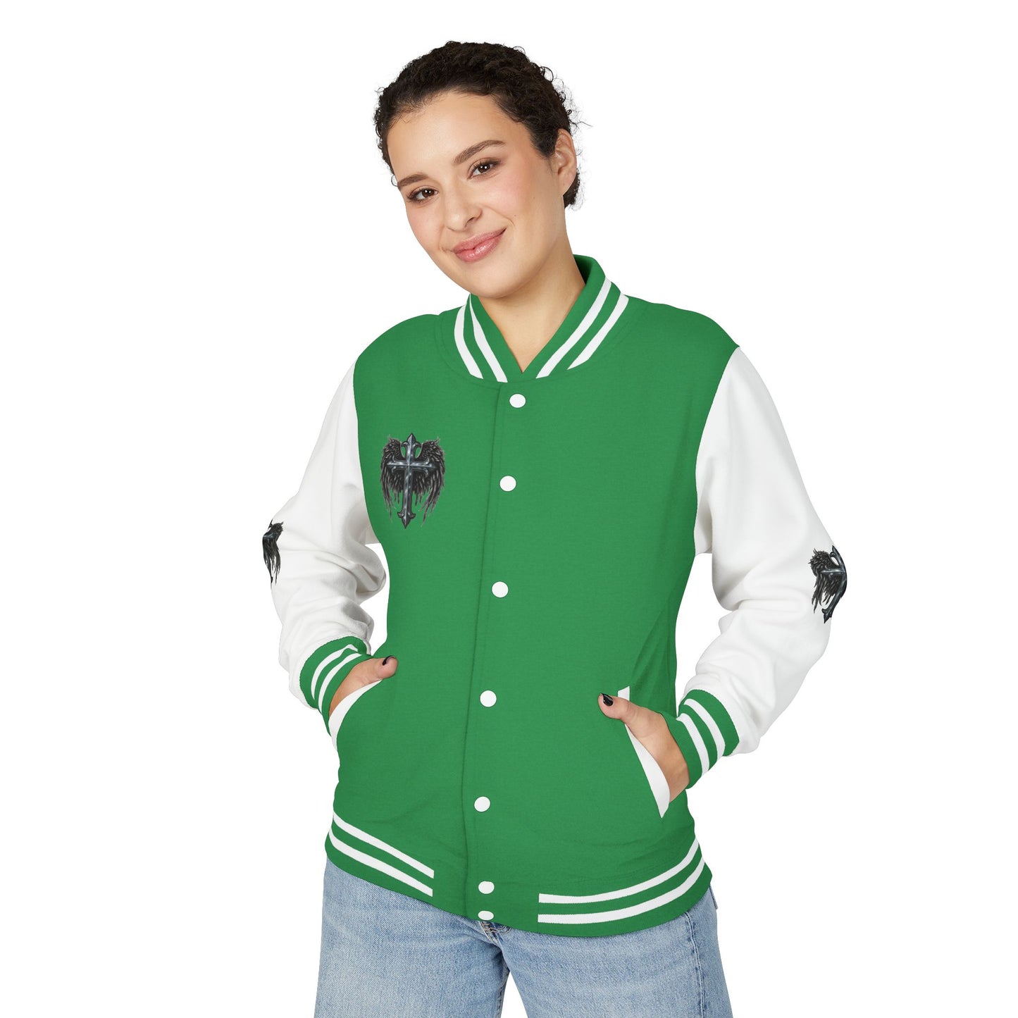 Letterman Jacket – Dark Crest Cross & Heart Varsity Jacket